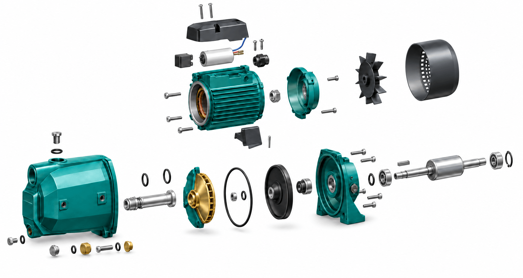 JSW Self-priming Pumps exploded construction view with 36 indexed components