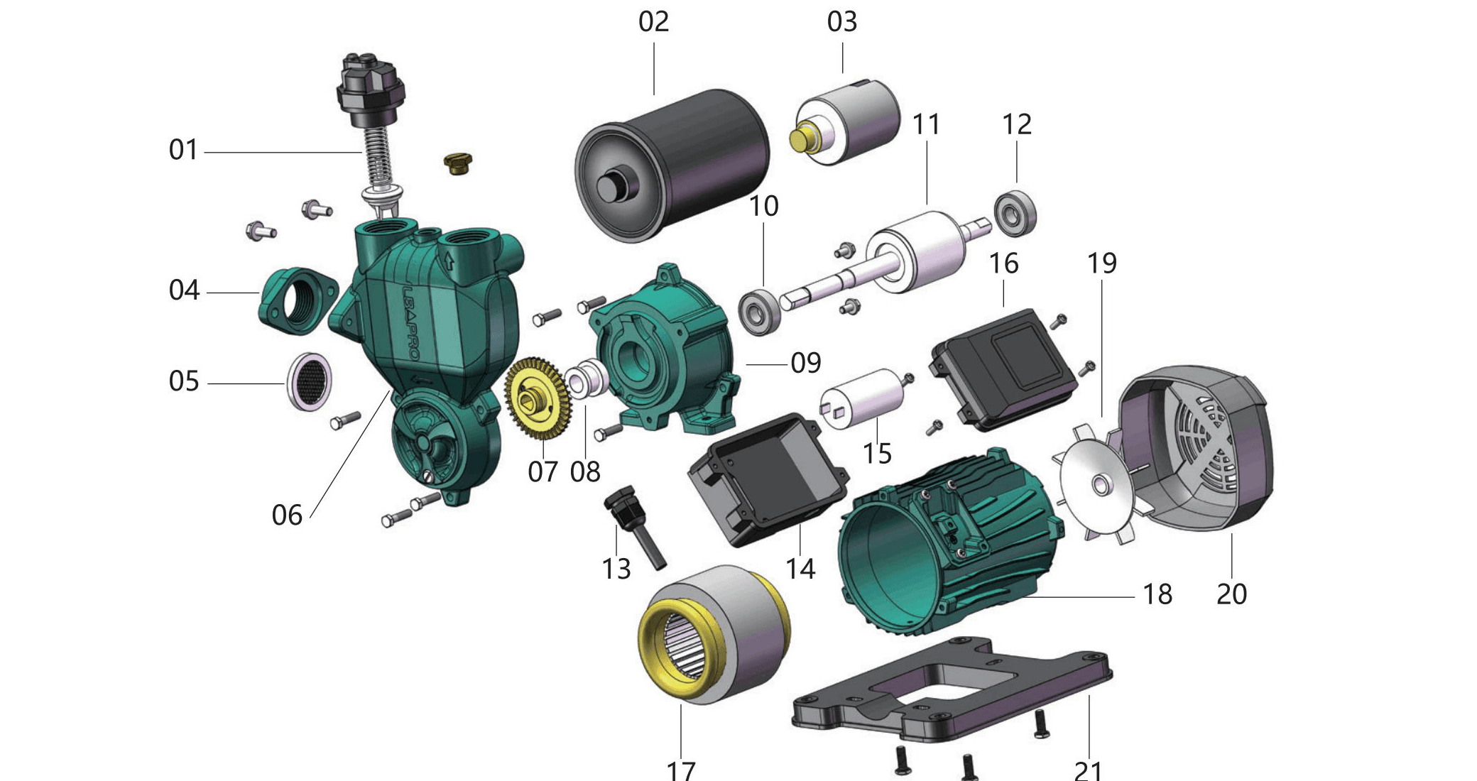 LW(Z) Automatic Self-priming Pumps exploded construction view with 21 indexed components