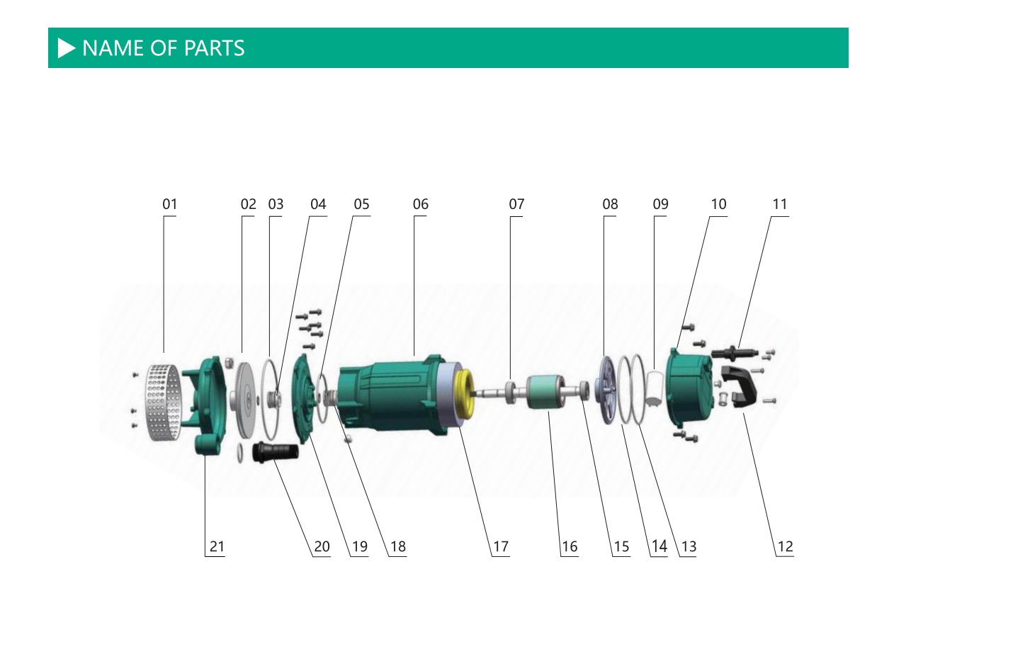 QDX Aluminum Submersible Pumps exploded construction view with 21 indexed components