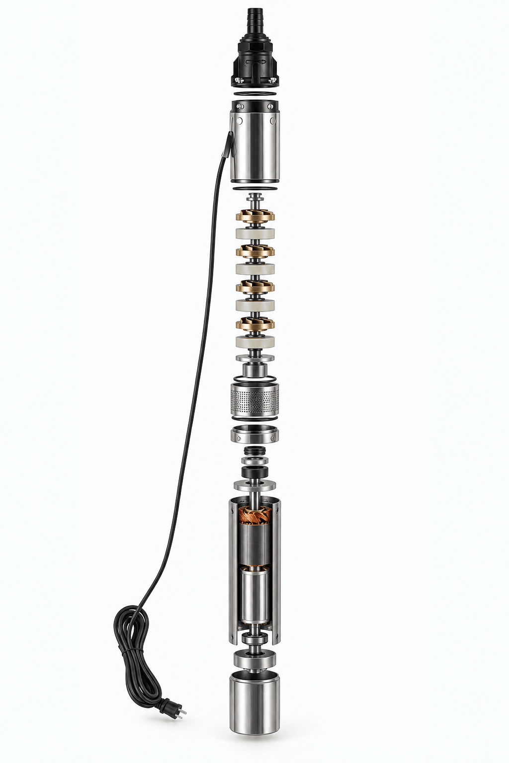 Illustrative 3D exploded reconstruction of a slender QJD-type multistage deep-well pump with outlet, hydraulic stages, intake, motor and cable