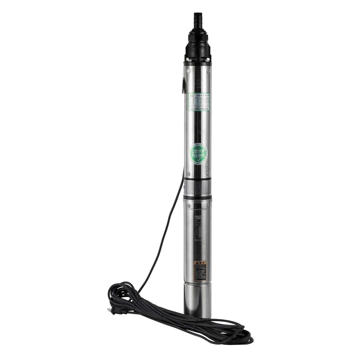 Actual LBA PRO Y80QJD oil-filled deep-well pump with black discharge head, perforated intake and stainless motor