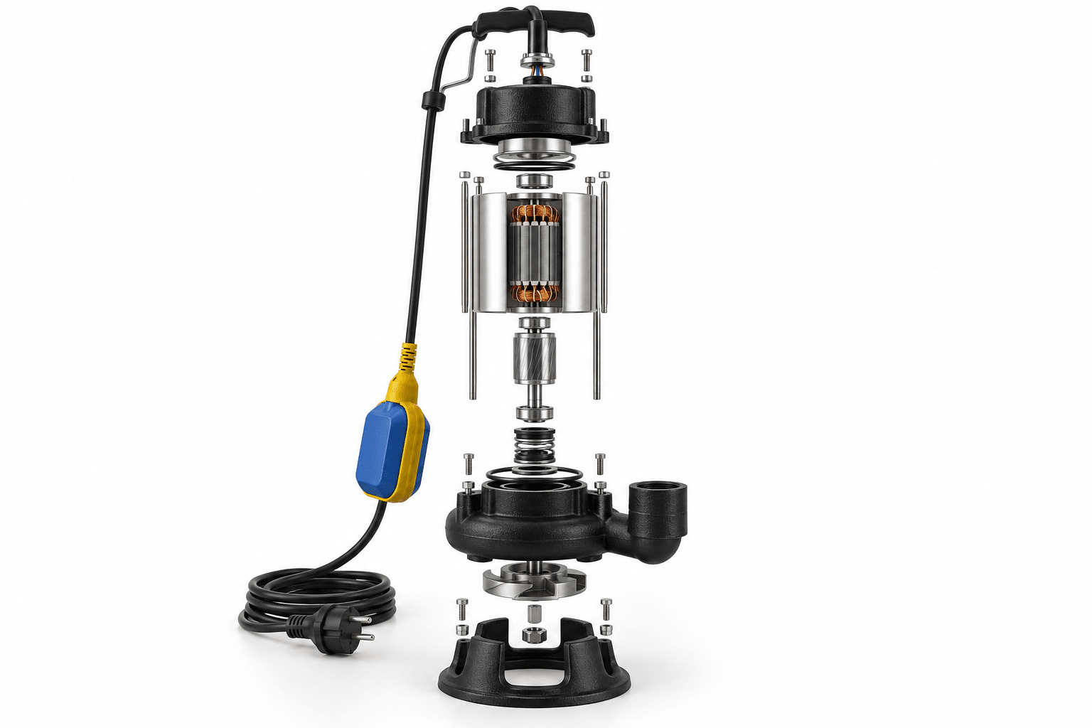 Realistic 3D exploded reconstruction of WQD-V sewage pump, showing cover, motor, rotor, seals, volute, impeller, outlet, base and float control