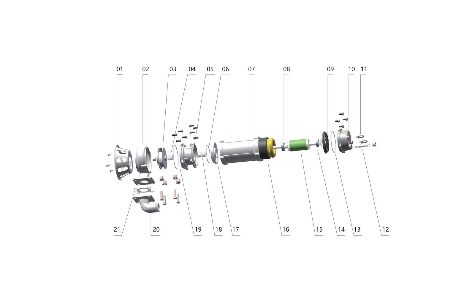 WQDS SS304 Sewage Pumps exploded construction view with 21 indexed components